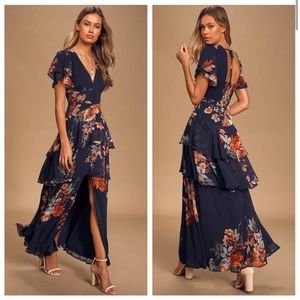 Lulus Midnight Mood Navy Blue Floral Print Tiered Maxi Dress